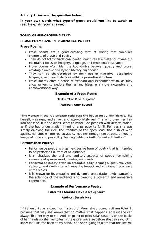 GENRE-CROSSING TEXT: Prose Poems & Performance Poetry Handout - Studocu