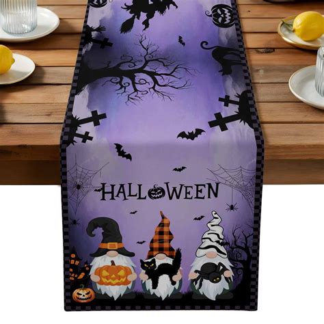 Gnomes Halloween Table Runner, Purple Pumpkin Black Cat Bat Cotton ...