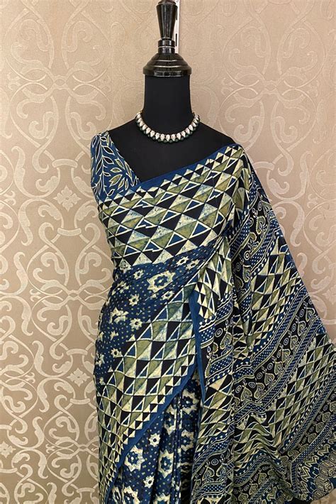 Deep Blue Pure Modal Silk Ajrakh Printed Saree With Unstich Blouse ...