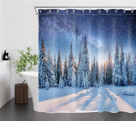 NEONWE Winter Pine Forest Shower Curtain Snow Scene with Pine Tree ...
