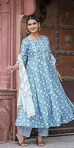 Yash Gallery Women's Denim Embroidered A-Line Kurta for Women ...
