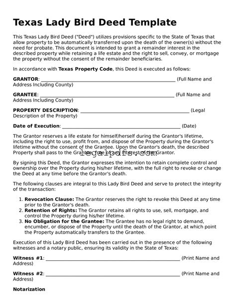 Texas Lady Bird Deed Template — Printable PDF Form