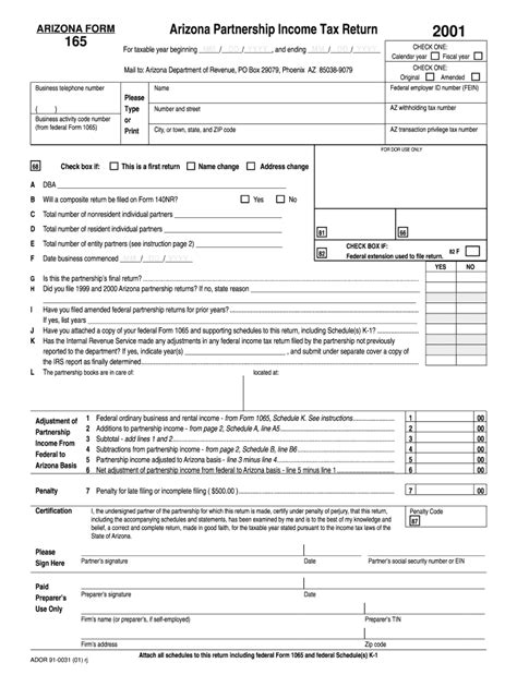 Fillable Online Arizona Partnership Income Tax Return 165 - azdor.gov ...