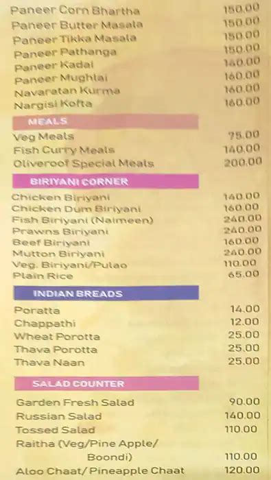Menu at Olive Roof, Thrissur