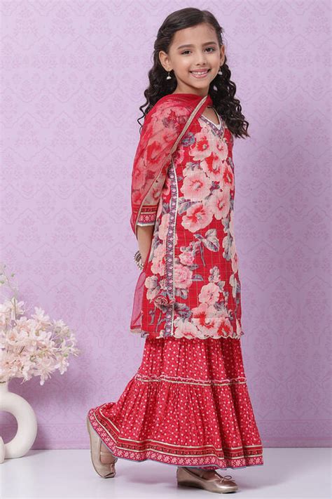 Berry Red Art Silk Straight Kurta Sharara Suit Set at Biba India