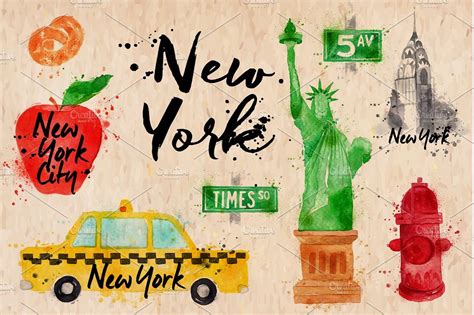 纽约元素水彩图形 New York Symbols-变色鱼