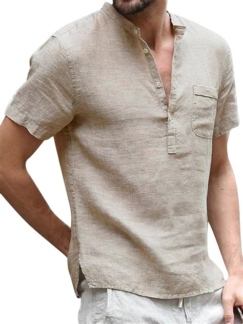 Men's Cotton Linen Henley Shirt Casual Beach Short Sleeve T Shirts ...