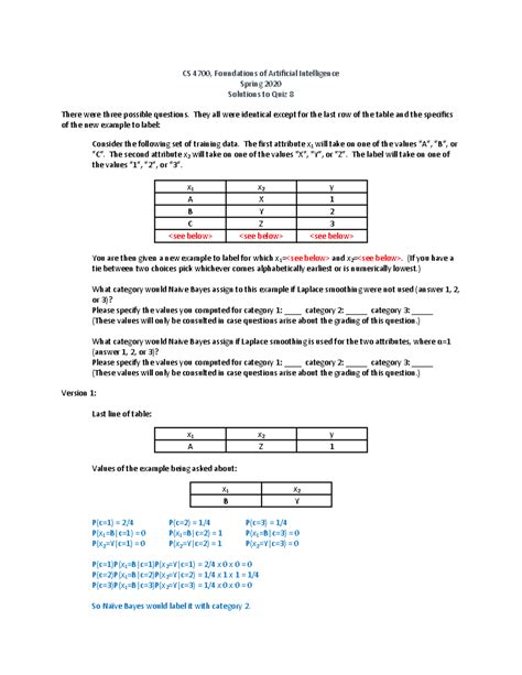 4700 2020sp q8 solutions - CS 4700, Foundations of Artificial Intelligence Spring 2020 Solutions ...