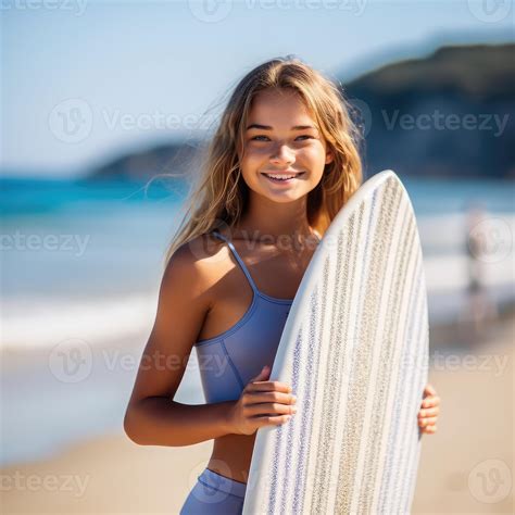 Young teenager girl in swimsuit holding supboard on the beach. 24210186 ...
