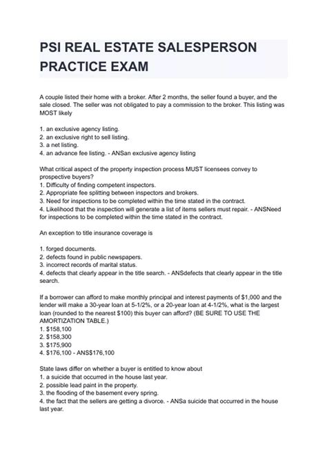 PSI REAL ESTATE SALESPERSON PRACTICE EXAM 2024/2025 ( 100% verified) A+ ...