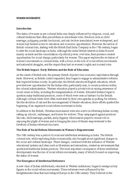 Women Movements in Colonial India: Social Reform & Empowerment - Studocu