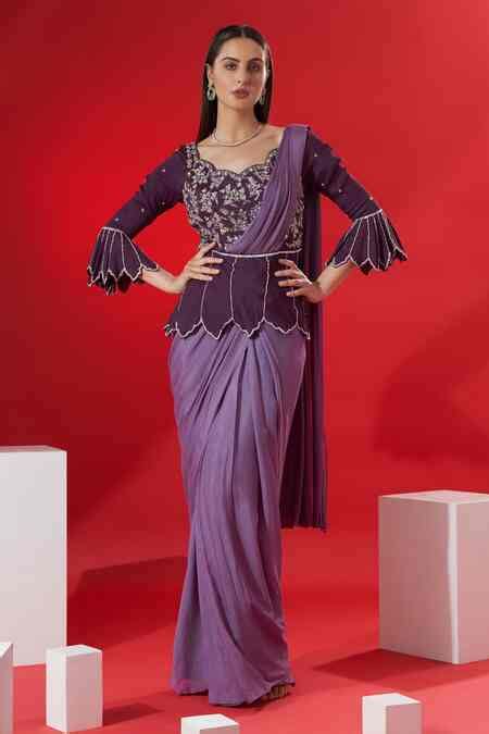 Buy Purple Georgette Crepe Floral Scallop Neck Pre-draped Saree With ...