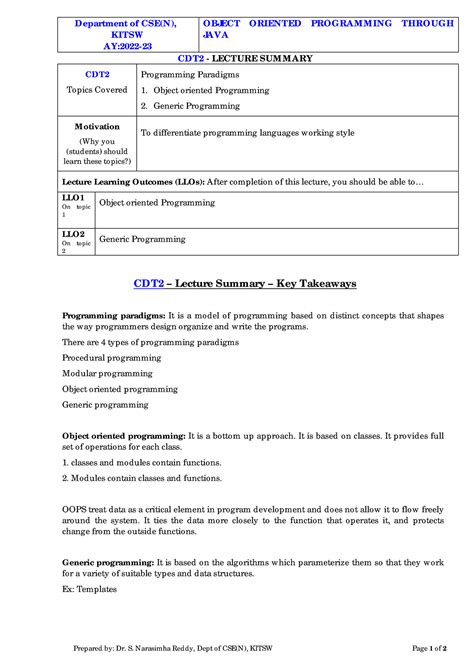 OOPJ CDT2 Summary SNR 2022-23 - Department of CSE(N), KITSW AY:2022 ...