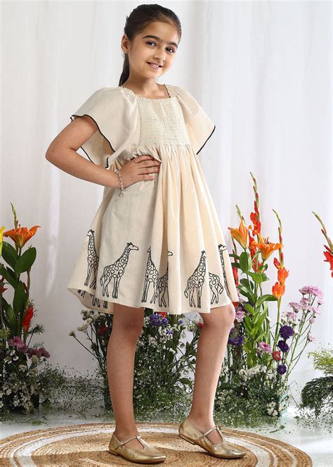 Buy Princess Giraffe Embroidered Ecru Fit & Flare Chambray Dress Online ...