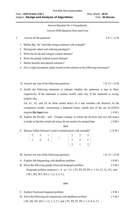 DAA MID -1qustion paper - First Mid-Term Examination Class : IV/IV B ...
