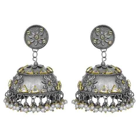 Dulcett Oxidised Dual Tone Jhumka, Black Metal Jhumka With Pearls, Big ...