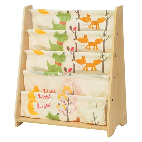 Songmics Childrens Sling Bookcase 4 Tier Fabric Book Shelves School ...