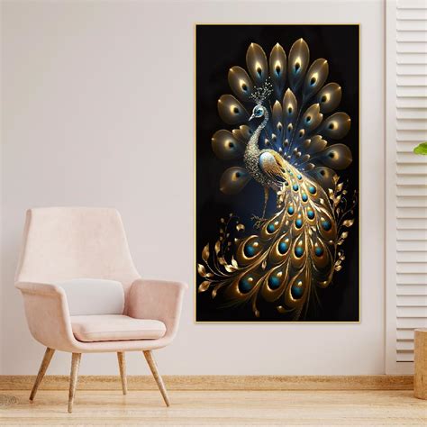DEKORSTATION Panoramic Golden Peacock Design Canvas Framed Wall ...