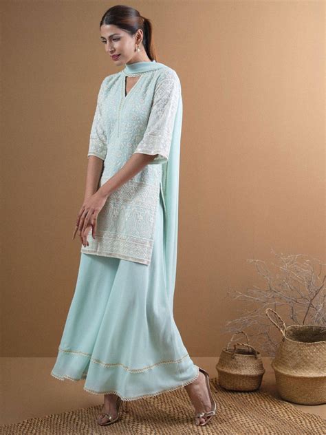 Buy Blue Embroidered Georgette Straight Kurta With Palazzos & Dupatta ...