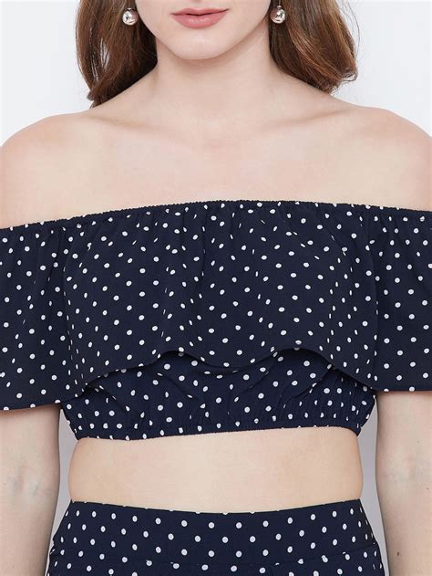 Berrylush Women Navy Blue & White Polka Dot Printed Off-Shoulder Neck