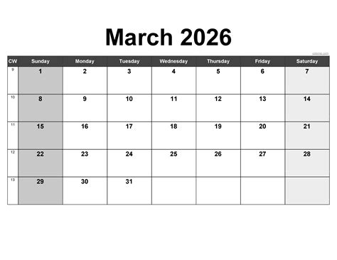 March 2026 Calendar | Free Printable PDF, XLS and PNG