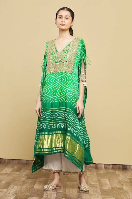 Buy Green Kaftan Silk Bandhani Pant Cotton Satin V Neck And Set For ...