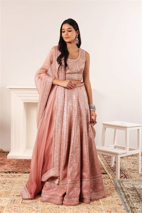 Dusty-Pink (Ombre Dyed) Embroidered Chaand-Buta Lehenga-Set With Blous