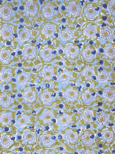 Blue Marigold Flower Forage Pattern Cotton Cambric Rapid Sanganeri Fab
