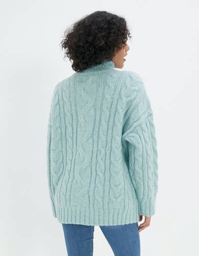 Buy American Eagle Women Blue Cable Knit Mock Neck Sweater Online