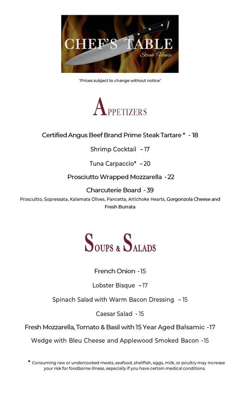 Chefs table menu