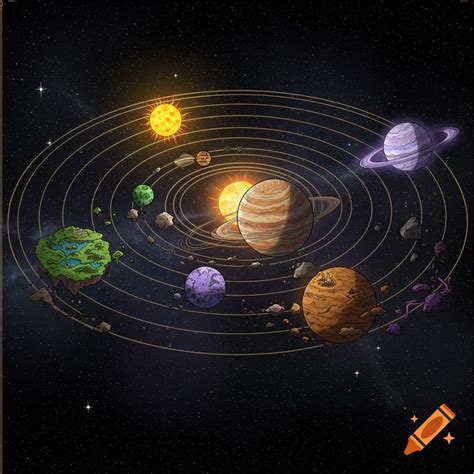A fantasy-style star map depicts a solar system with two suns, multiple ...
