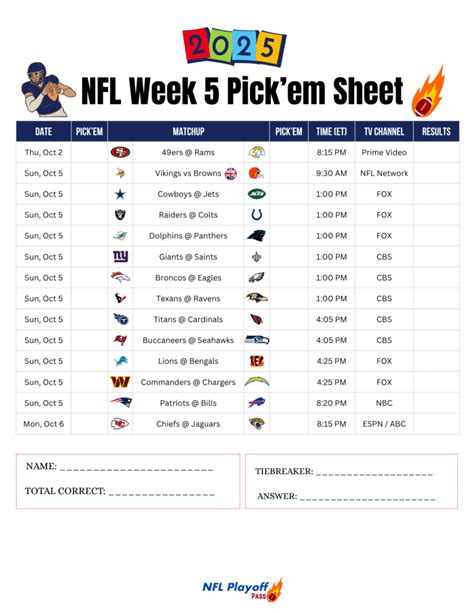 Printable NFL Week 5 Pick'em Sheet 2025 - Free PDF Download
