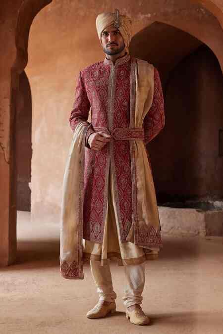 Buy Red Silk, Tussar, Mohair Peacock Feather Motif Sherwani Churidar ...