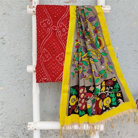 BANDHANI-KALAMKARI-Pure Cotton Bandhani Top Fabric With Hand Painted K ...