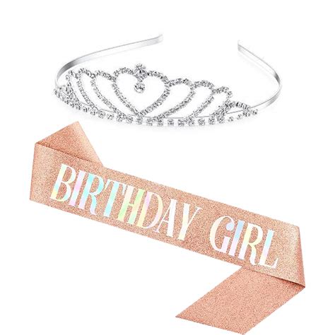 Partysanthe Birthday Sash & Crown Tiara Set - Birthdays Girl Pink Satin ...
