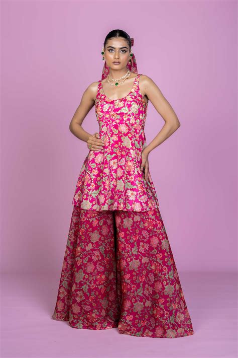 Rani Pink Floral Peplum Kurti Palazzo Set with Dupatta – Nymi