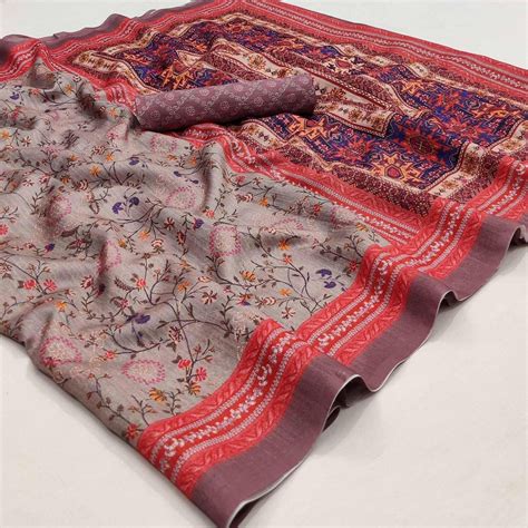 Grey Floral Printed Pure Cotton Saree