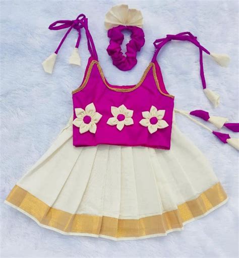 Pink and Kerala White Pattu pavada – babypattustudio