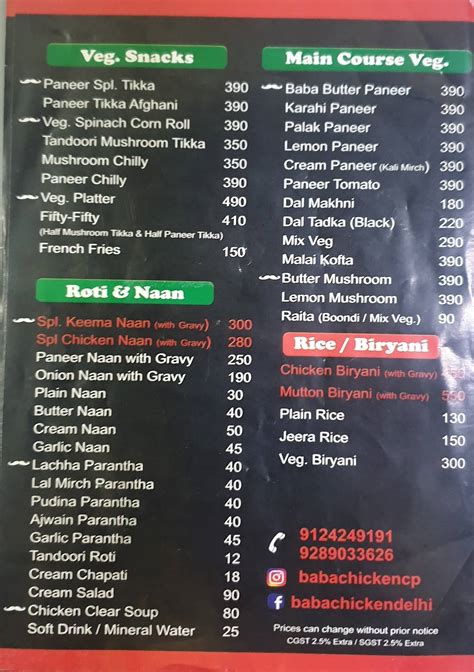 Menu at Baba Chicken (Ludhiana Wale), Delhi