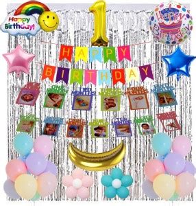 Blue Rocks Rainbow Theme Birthday Decoration Combo, Month Photo Banner ...