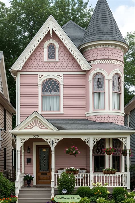 Pink Victorian cottage with a turret and intricate woodwork. Immerse ...