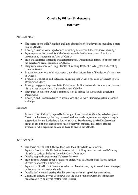 Othello Summary - Othello by William Shakespeare - Summary Act 1 Scene ...
