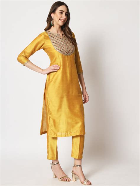 Mustard Embroidered Straight Kurti with Straight Pants – anokherang