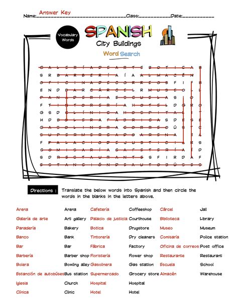 Spanish City Buildings Vocabulary Word Search & Answer Key | Made By ...