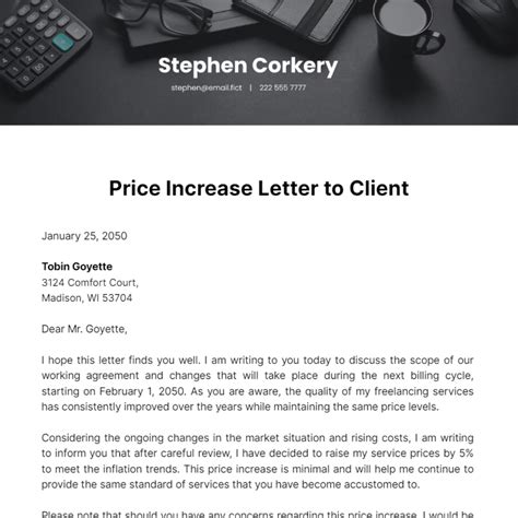 Free Price Increase Letter to Client Template to Edit Online