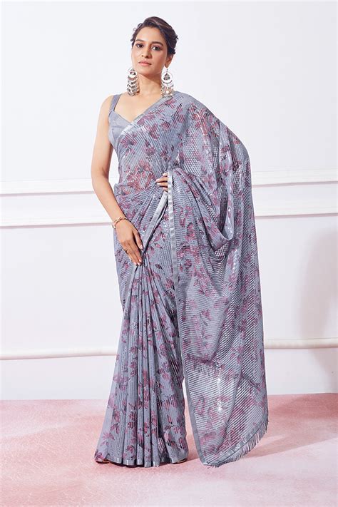 Buy Grey Georgette Saree With Blouse Piece 78364 Online | Karagiri