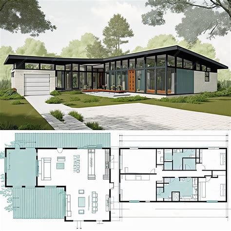 Premium AI Image | Mid century modern house plan Residential villa ...