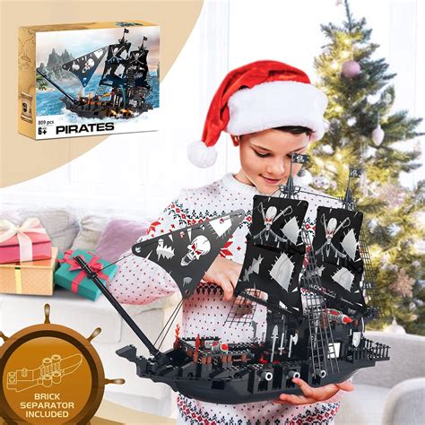 Buy BRICK STORY Black Pirate Ship Building Kit with 5 Mini Pirates ...