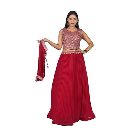Scarlet Elegance Cherry Red Georgette Sequin Embroidery Choli and Lehe ...