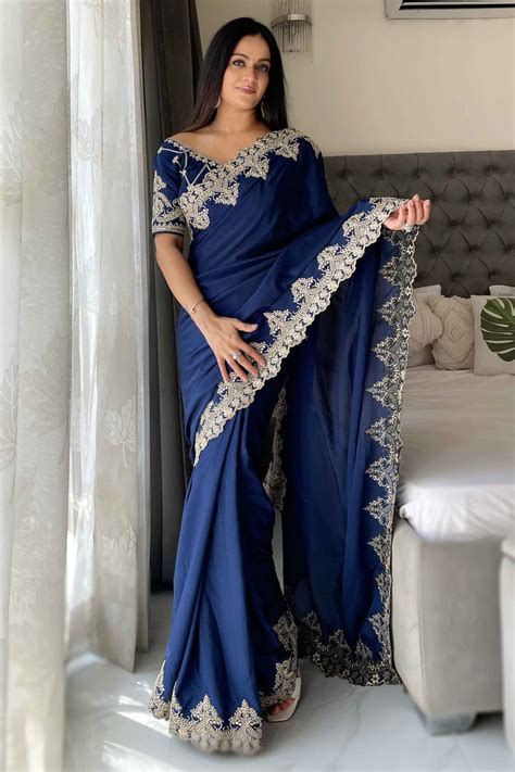 Navy Blue Chinon Silk Blend Saree With Intricate Sequins & Cording Emb